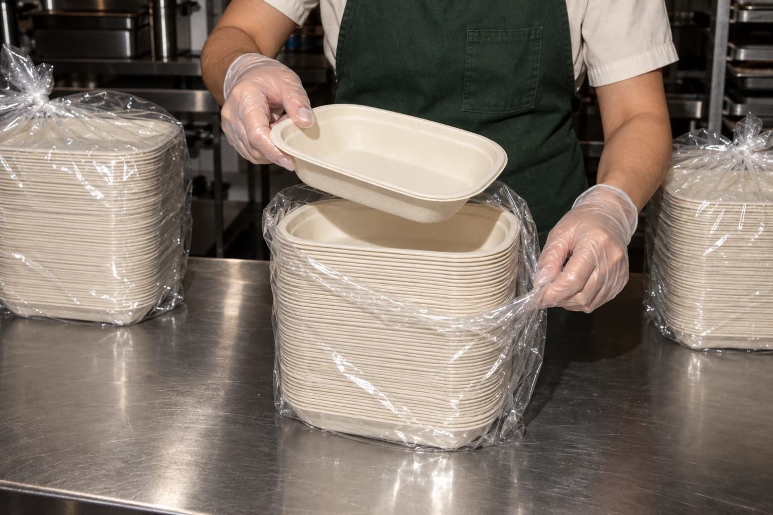 Gloved hands lifting a light-colored meal tray from a freshly opened sleeve of stacked trays