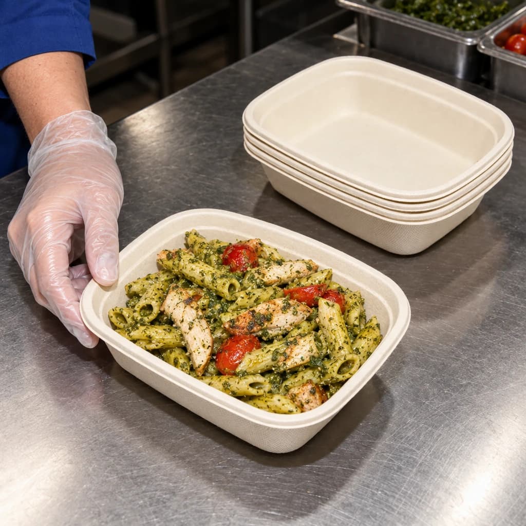 A gloved hand holding pesto penne with grilled chicken beside a stack of empty meal trays