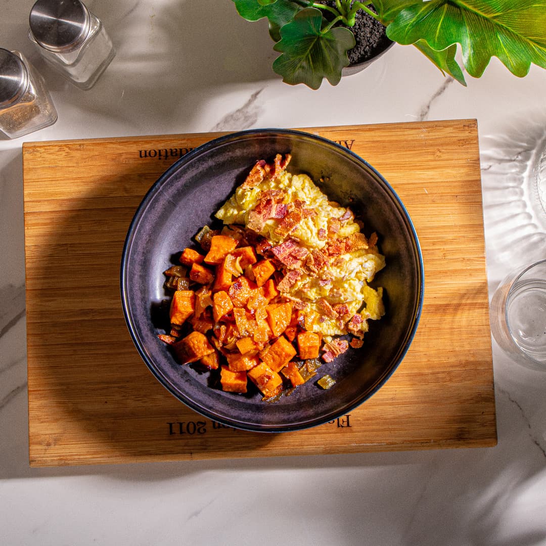 Bacon Scramble with Sweet Potato Hash