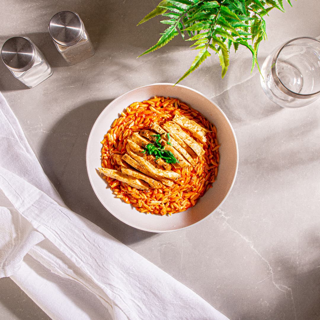 Tomato Basil Baked Orzo with Chicken