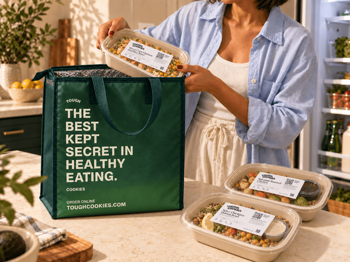 Unpacking fresh meals from a green Tough Cookies delivery tote