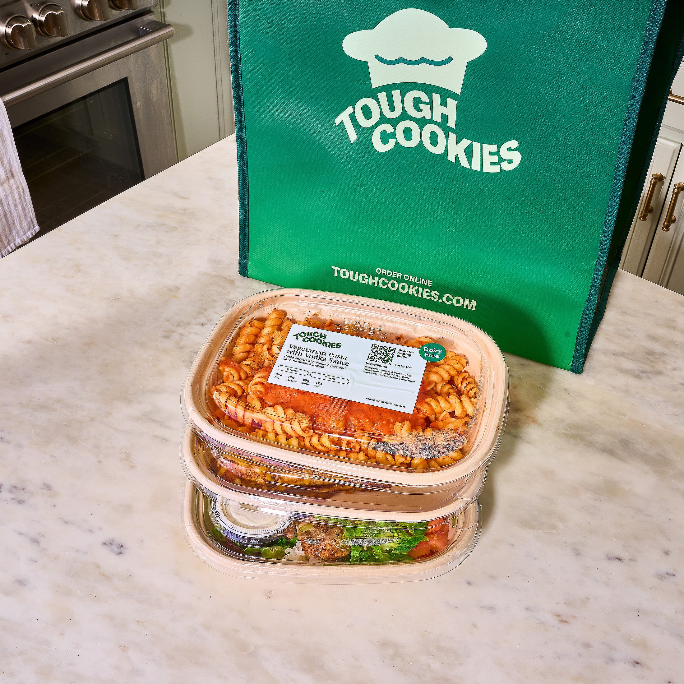 Tough Cookies meals and branded delivery bag.