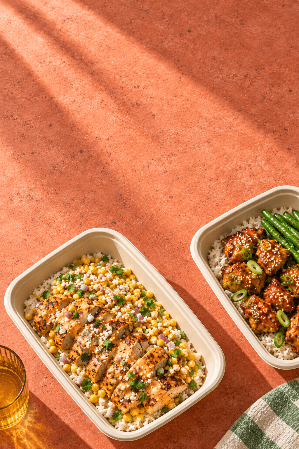 Freshly prepared Tough Cookies meals on a warm terrazzo countertop