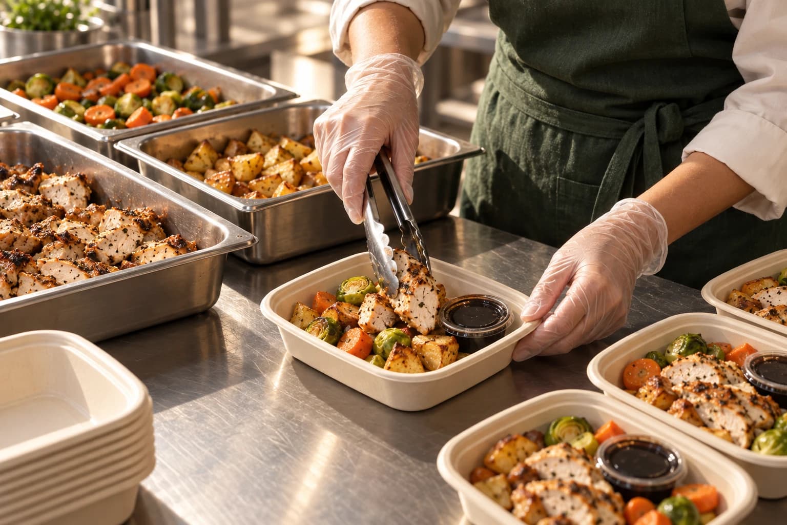 Gloved hands portioning roasted chicken and vegetables from batch pans into individual meal trays