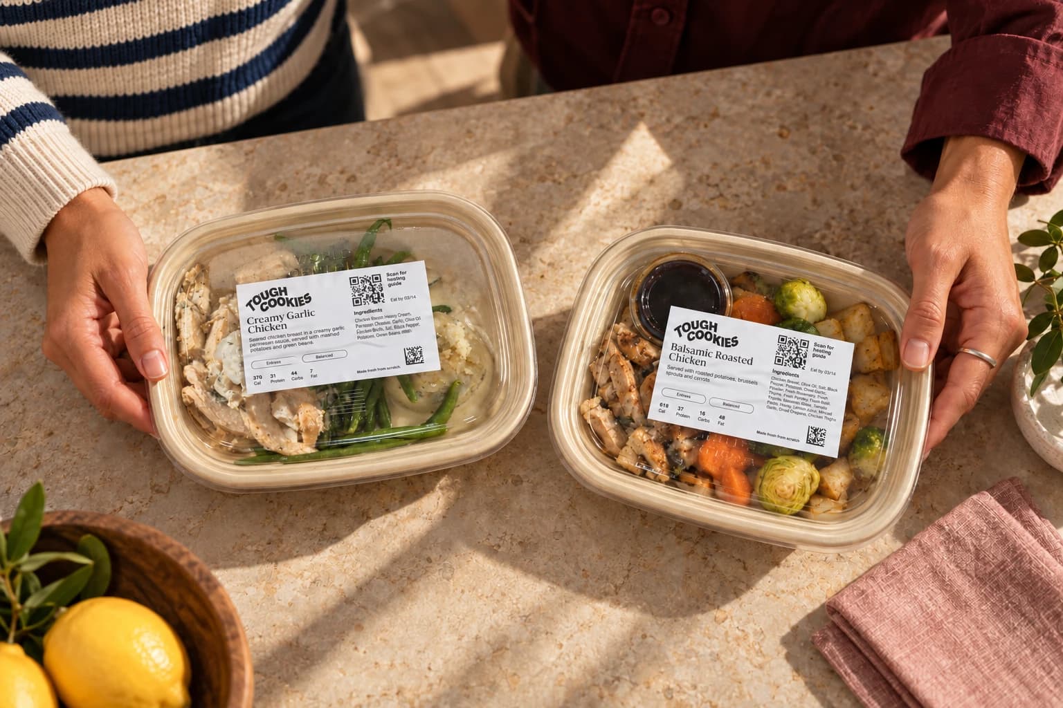 Two people choosing labeled Tough Cookies meals at a kitchen counter