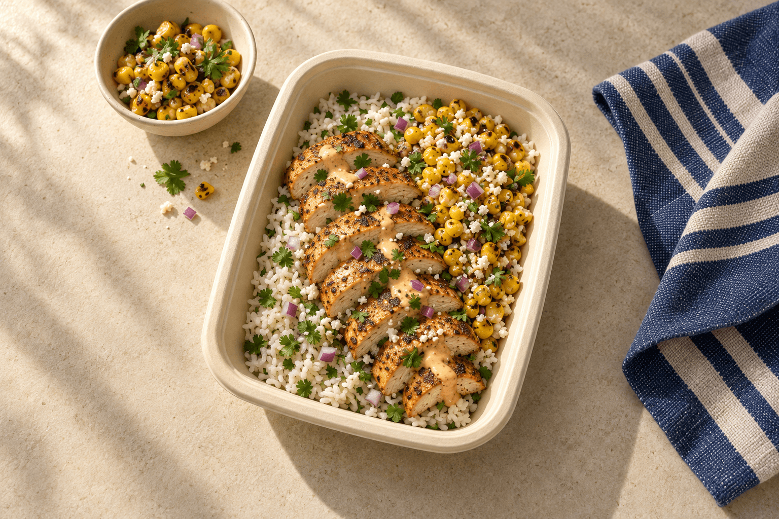 Prepared chicken and rice with corn and herbs, ready to enjoy