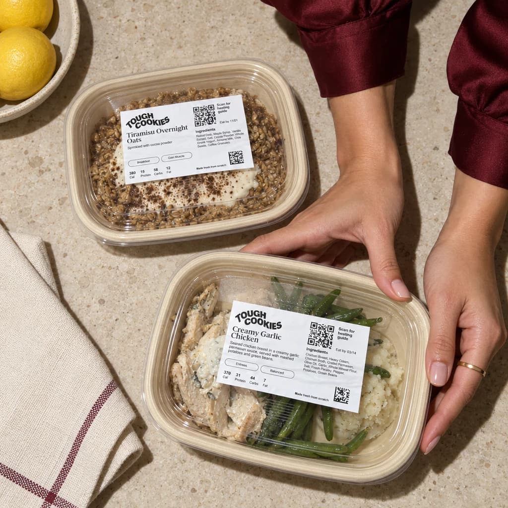 Hands in oxblood sleeves holding a labeled Creamy Garlic Chicken meal beside Tiramisu Overnight Oats
