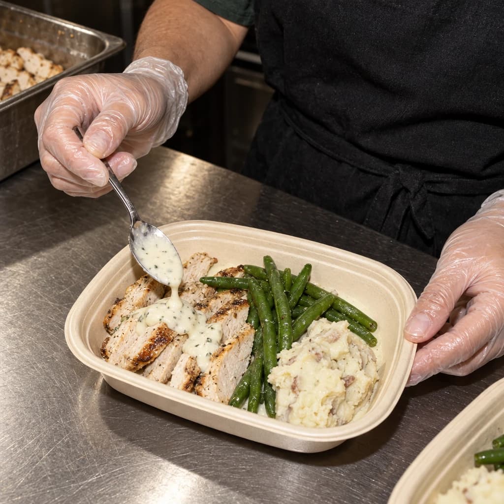 Gloved hands spooning creamy garlic sauce over chicken with mashed potatoes and green beans