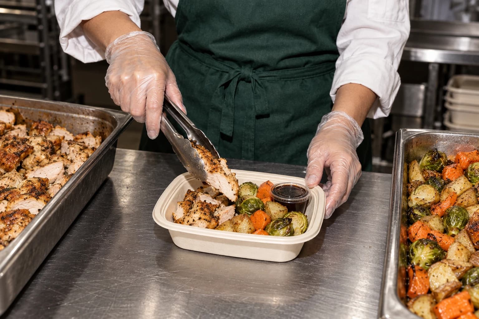 Gloved hands using tongs to finish a Balsamic Roasted Chicken meal with roasted vegetables