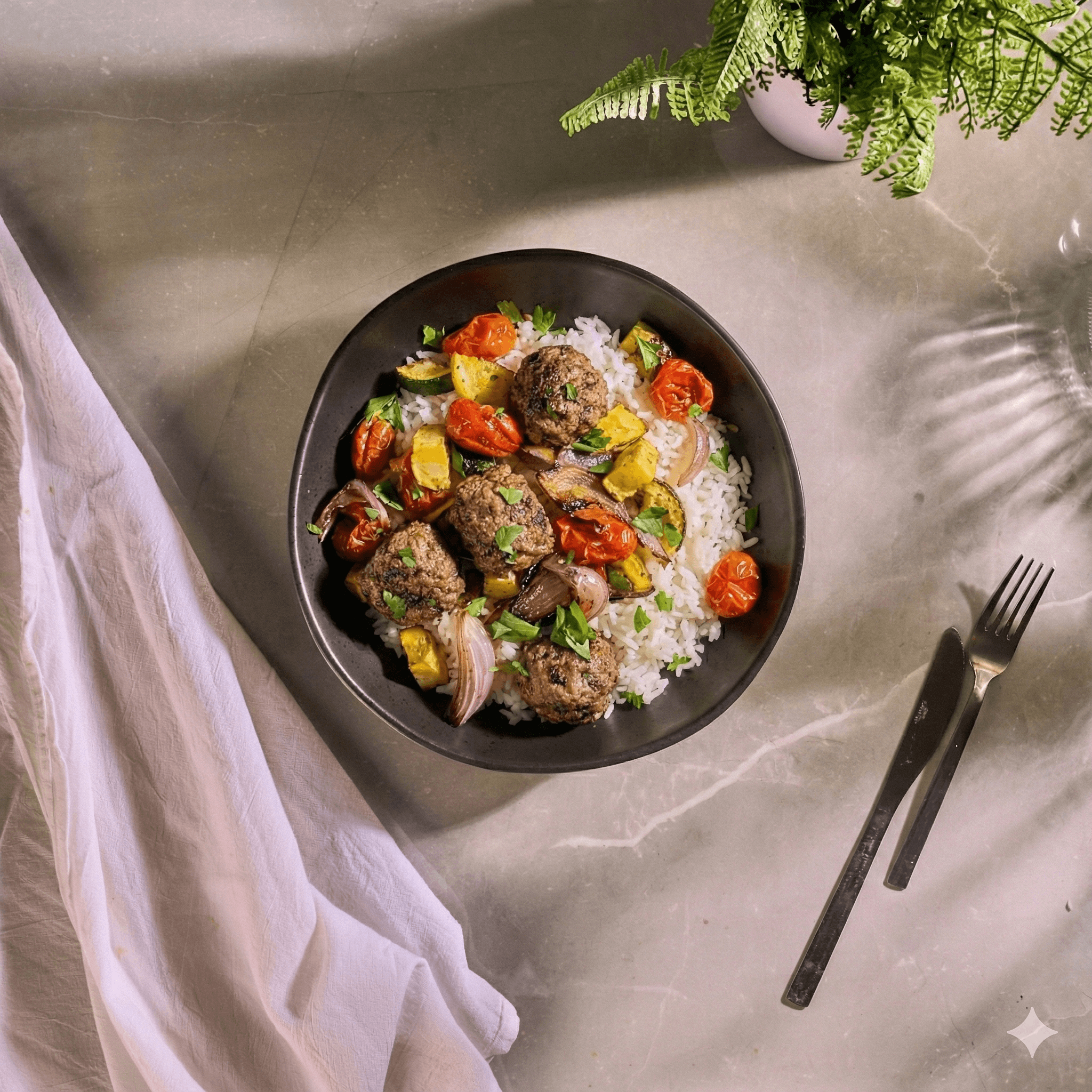 Kofta and Roasted Veggie Bowl