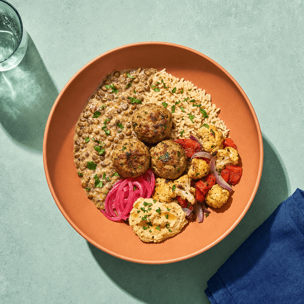 Mediterranean Lentil Bowl with Meatballs