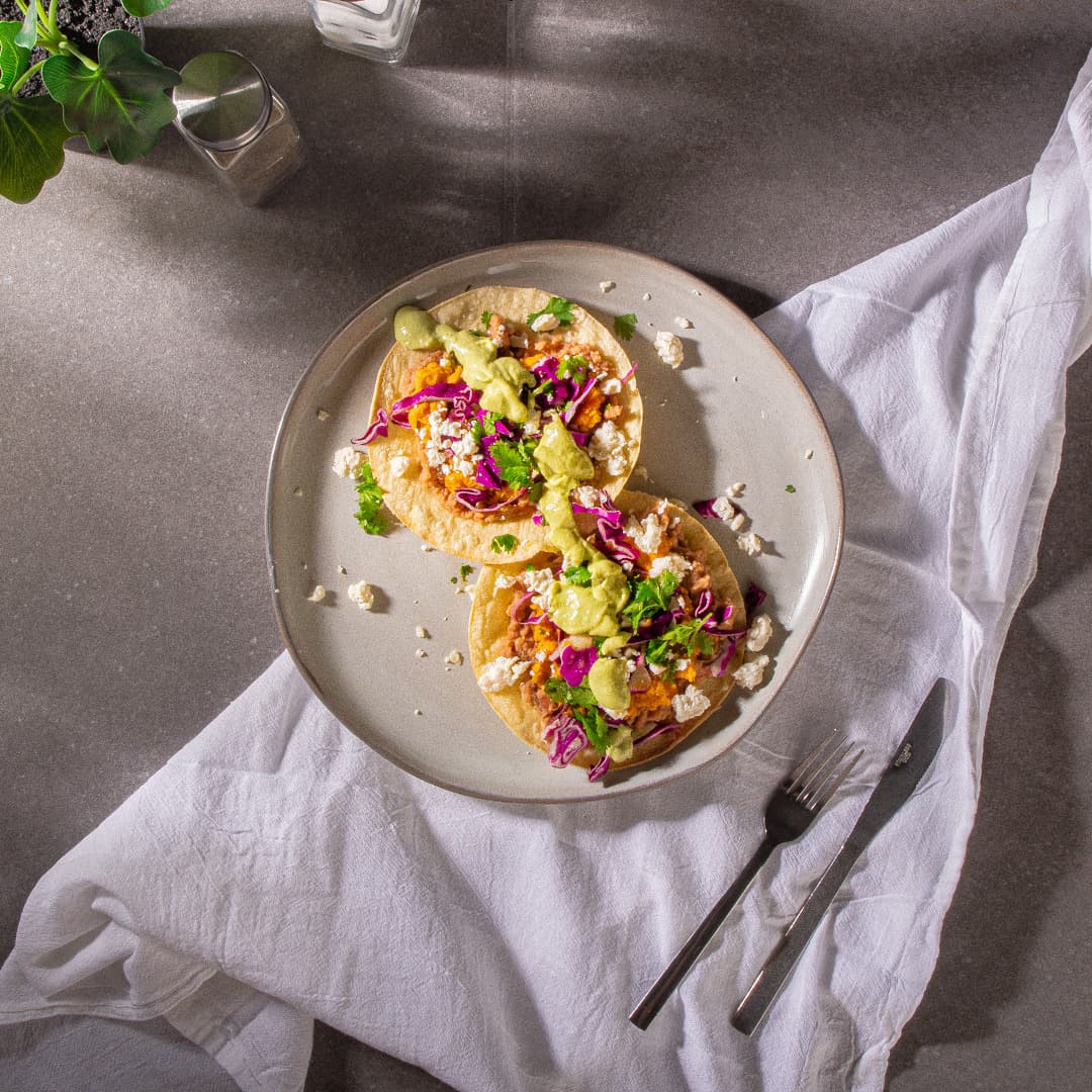 Vegetarian Sweet Potato Refried Bean Tostada
