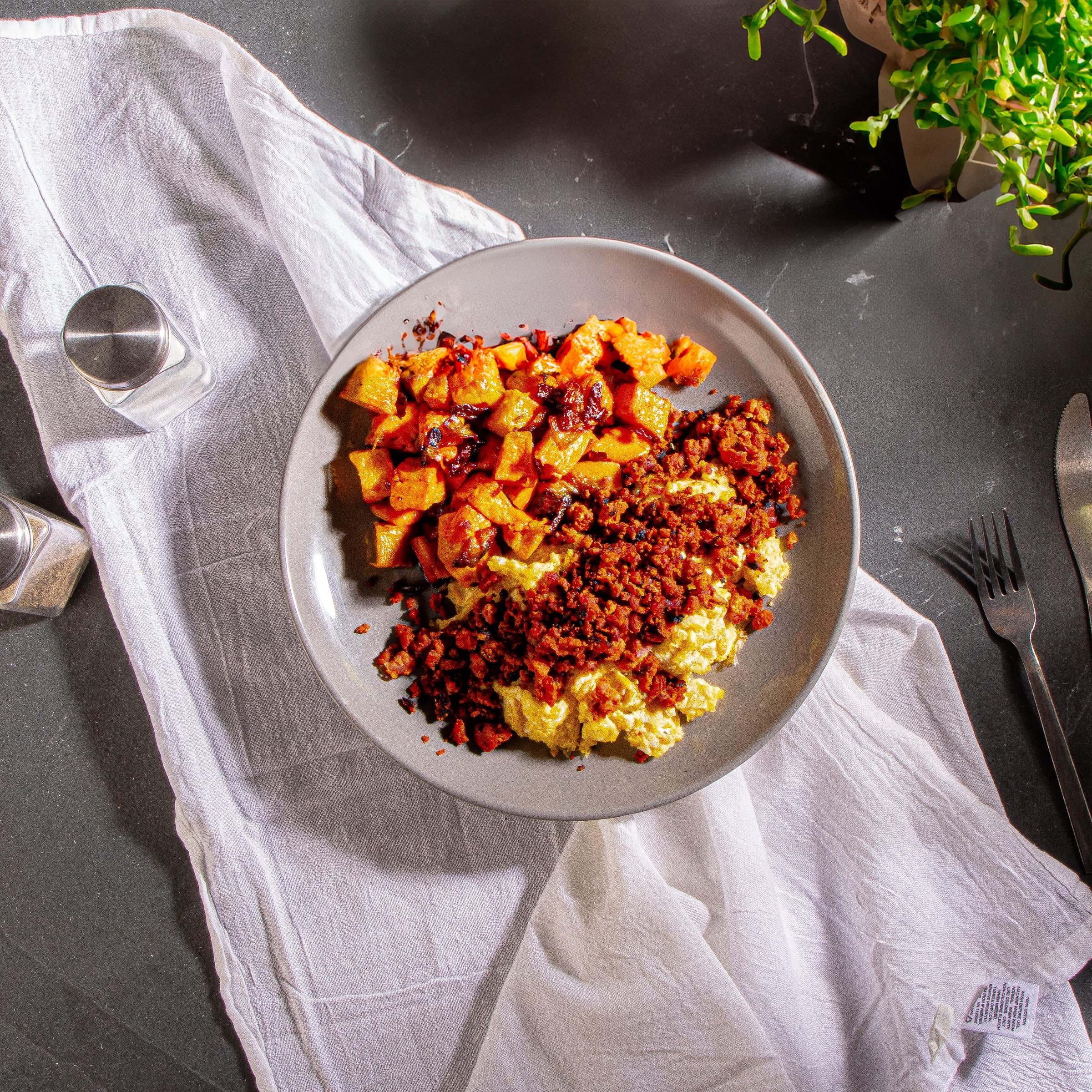 Chorizo Scramble with Sweet Potato Hash