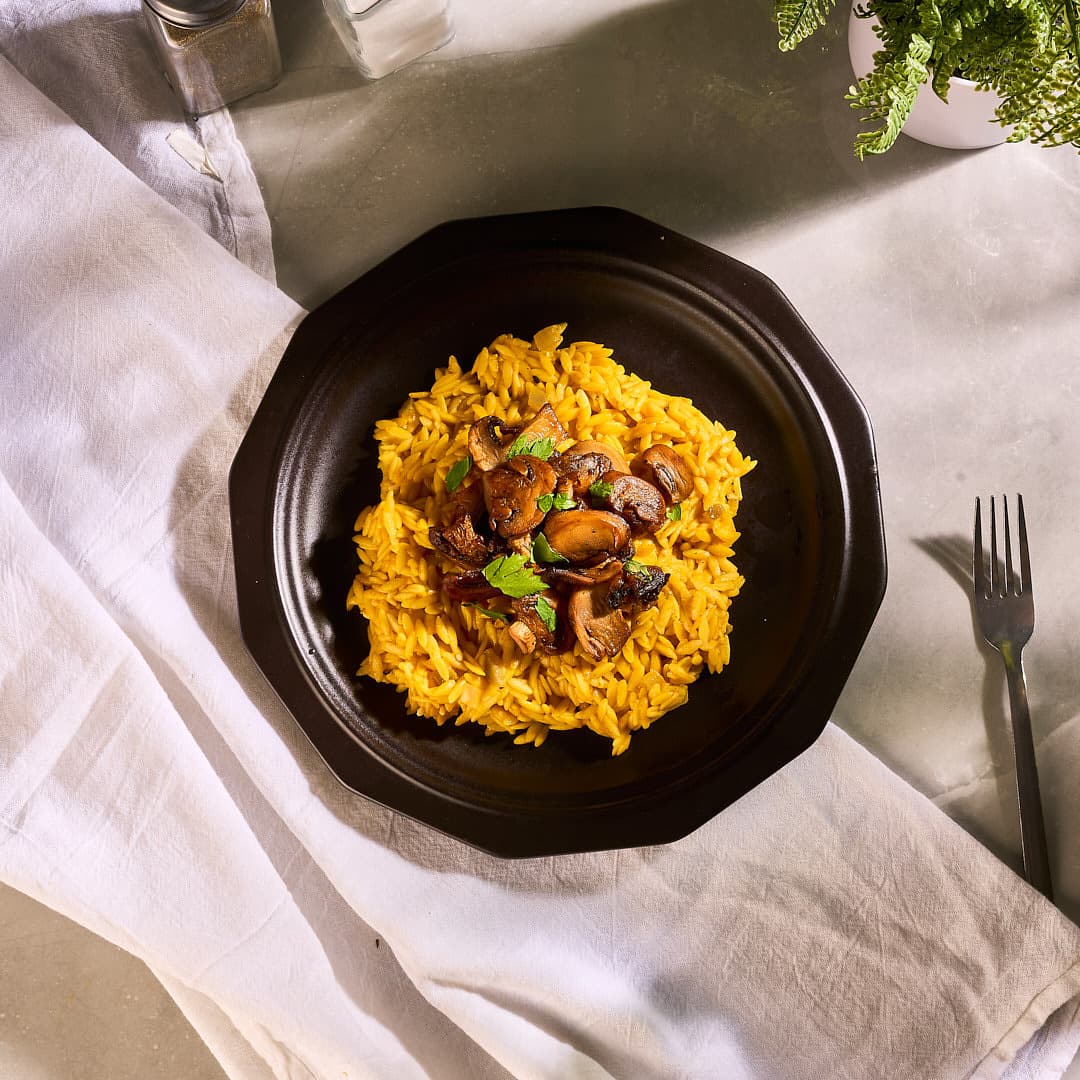 Pumpkin Orzo with Roasted Mushrooms