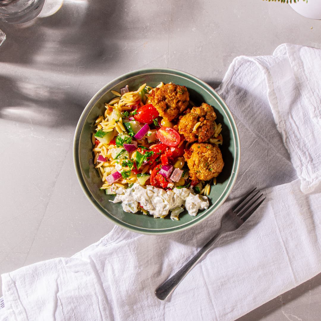 Creamy Greek Orzo Pasta Salad with Falafel