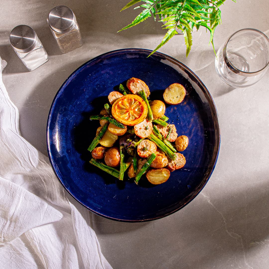 Sausage, Asparagus, and Lemon & Rosemary Roast Potatoes