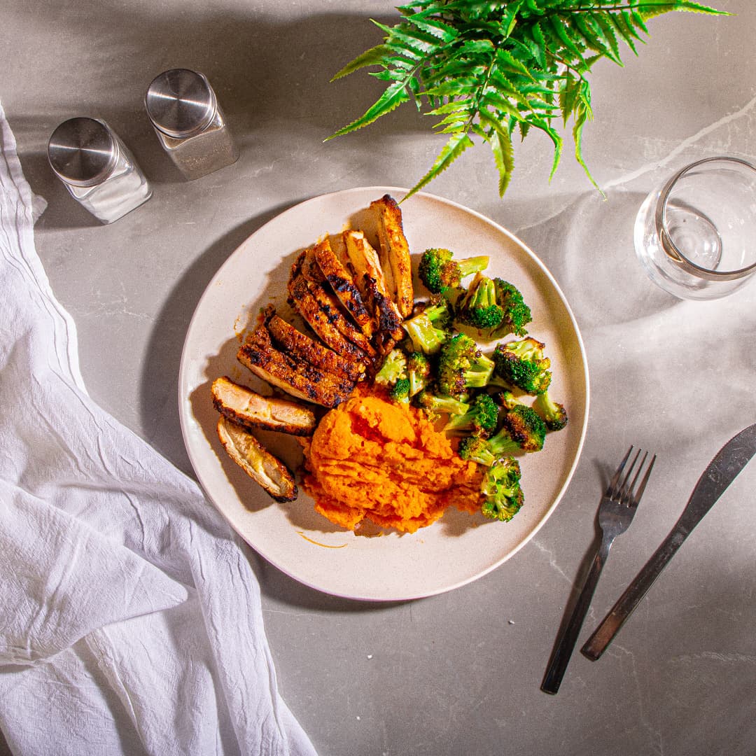 Piri-Piri Chicken with Smashed Sweet Potatoes & Broccoli