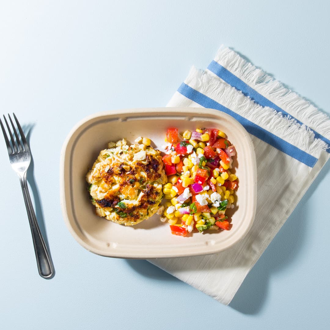 Cheesy Chicken Fritters with Corn Salad