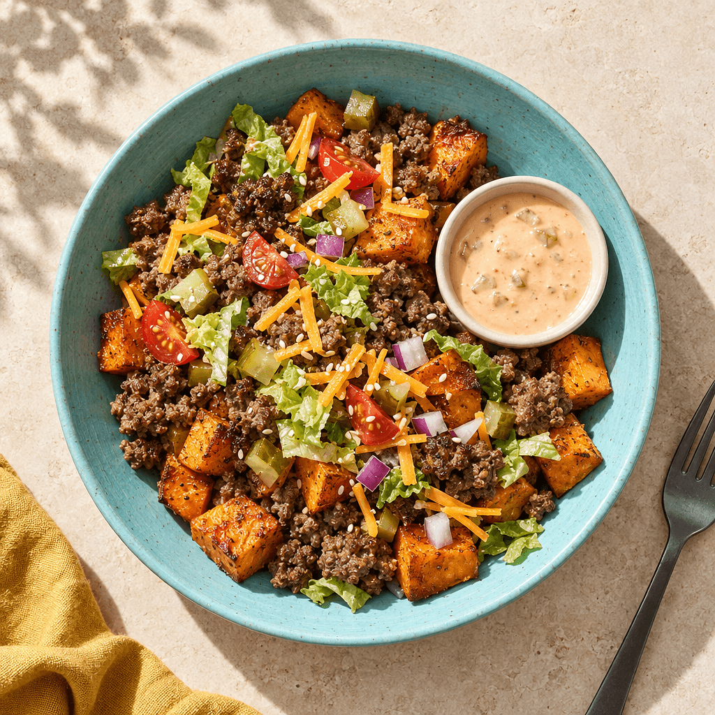 Roasted Sweet Potato Burger Bowl