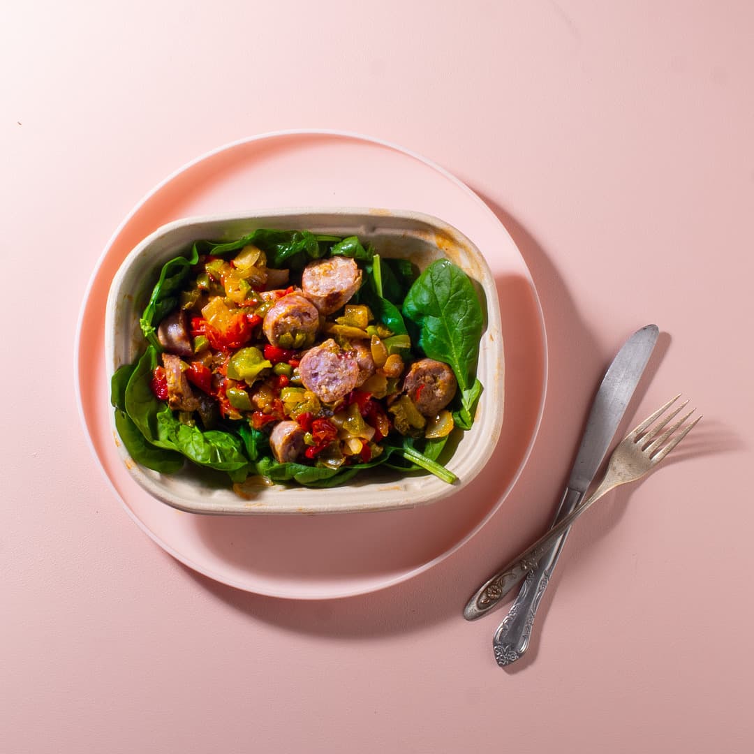 Italian Sausage Peppers over Spinach